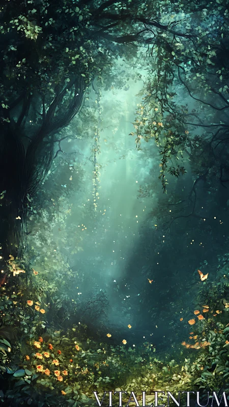 Enchanted Forest Glade with Luminous Light and Butterflies