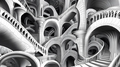 Surreal Monochrome Maze of Intertwined Arches and Staircases.