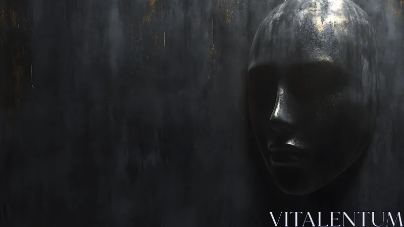 Gleaming metallic mask emerges from shadowed black wall.