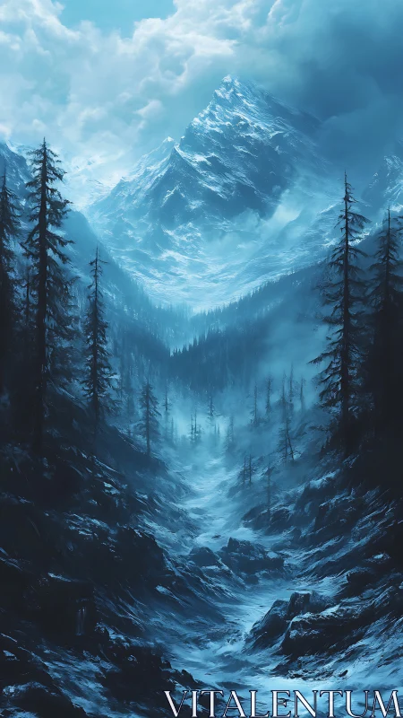 Glacial alpine ravine under storm-laden cumulonimbus sky