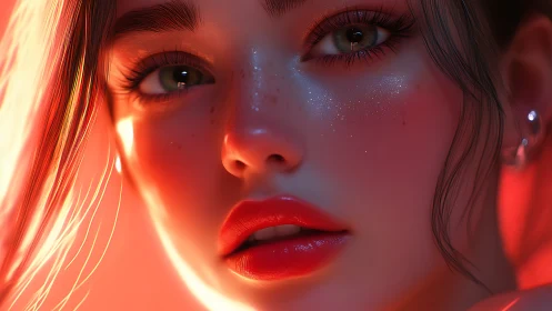 Neon-kissed portrait of a freckled dreamer in soft blaze.