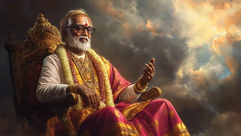 Elderly Hindu guru on ornate throne in ceremonial robes