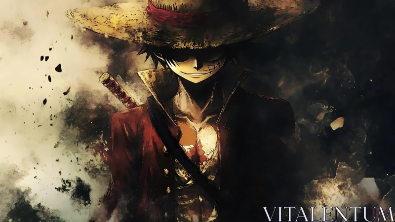 Straw hat adventurer emerging from shadows with quiet fire.