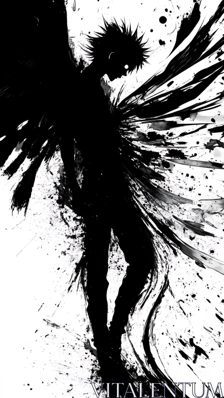 Silhouette of dark winged figure in splattered ink contrast.