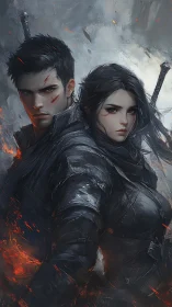 Stormlit bladebound duo amid embers and gathering dusk.