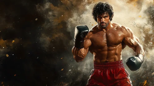 Muscular Boxer in Fighting Stance with Drama.