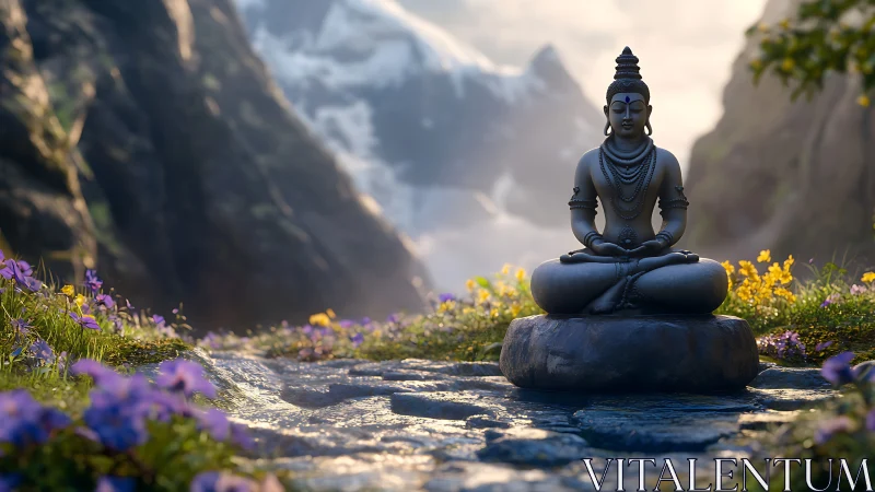 Serene Buddha statue in tranquil mountain garden, photorealistic style.
