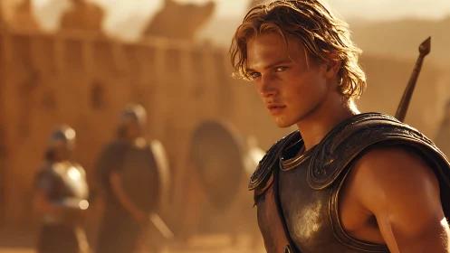 Young bronze armored warrior in sunlit ancient battlefield.