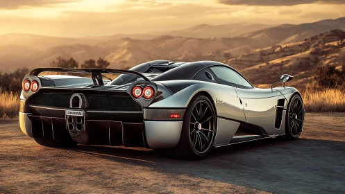 Sunlit hypercar prowls a winding mountain horizon road.