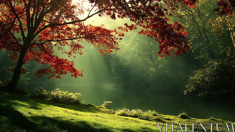 Golden morning light pours through maple leaves by a quiet pond