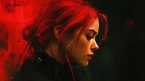 Digital painting profile study of red-haired woman in chiaroscuro.