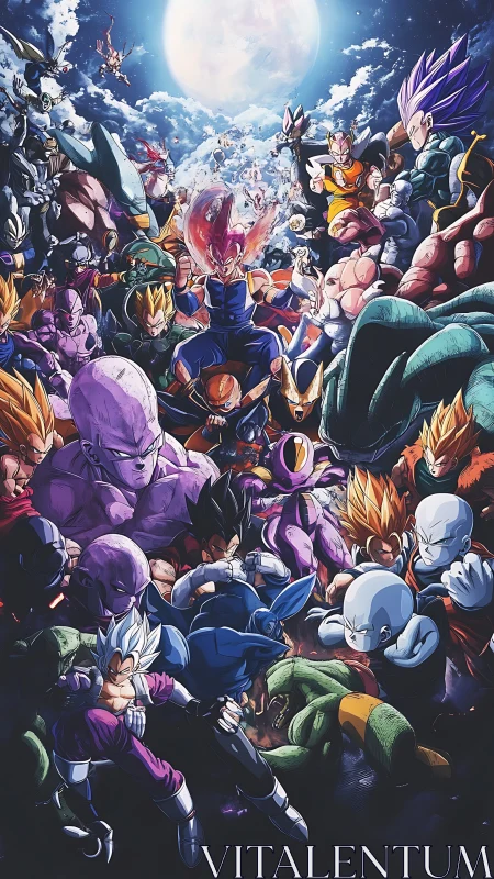 Anime battle ensemble under lunar backlight composition.