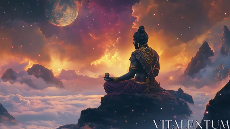 Meditating deity gazes over cosmic clouds in blazing dusk