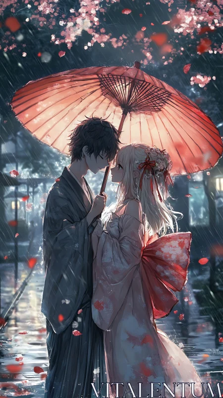 Couple stands under red umbrella in rainy night street