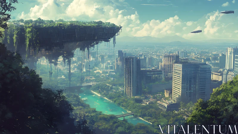 Floating overgrown platform hovers above dense riverside city