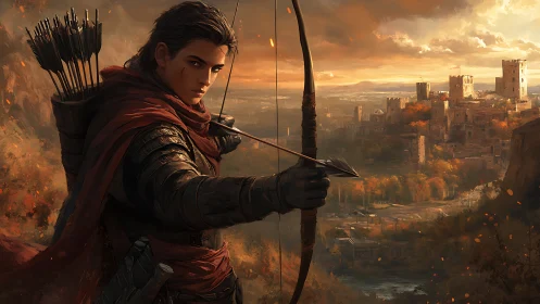 Armored archer aims recurve bow toward sunlit fortified citadel