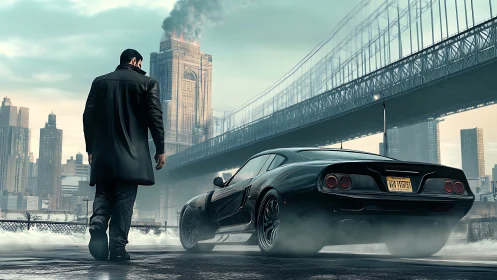 Lone driver confronts a sleek muscle car beneath city bridge.