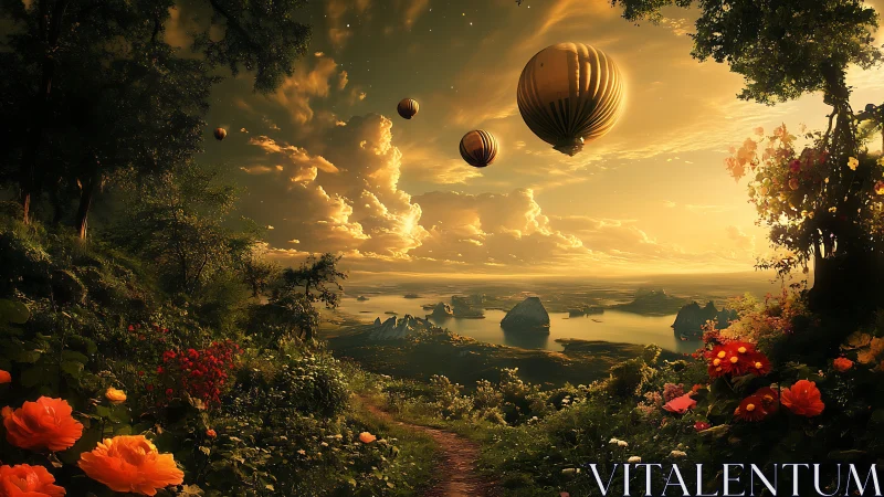 Sunlit valley landscape with hot air balloons and flowers.