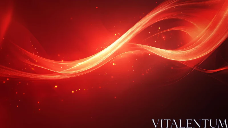 Abstract red light wave with glowing particles on dark background.