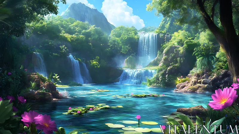 Emerald cascades and lotus-laced lagoon in sunlit dreamscape.