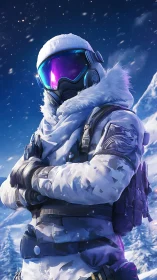 Futuristic arctic operative in reflective visor and white gear.