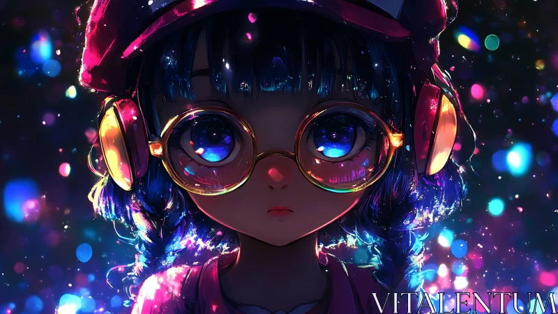 Neon-lit anime girl with glowing glasses and headphones.