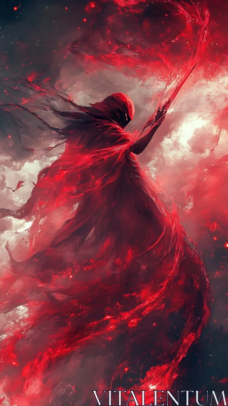 Hooded crimson specter channels vortex of particulate plasma arcs