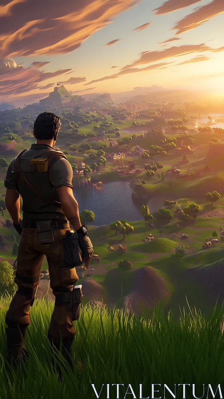 Game character overlooking stylized landscape at sunset.