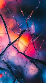 Cracked glass closeup with neon blue and orange bokeh background.