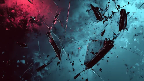 Shattered glass shards suspended in dual red cyan volumetric lighting