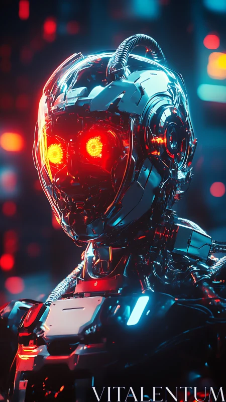 Chromed cybernetic sentinel with luminous red optic cores.
