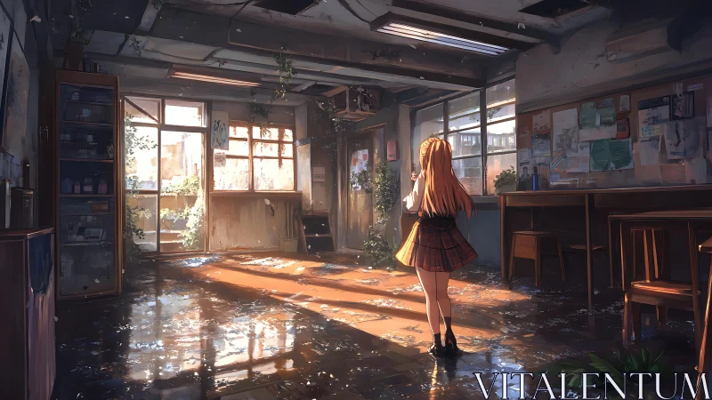 Sunlit schoolgirl wandering through an abandoned studio dream.