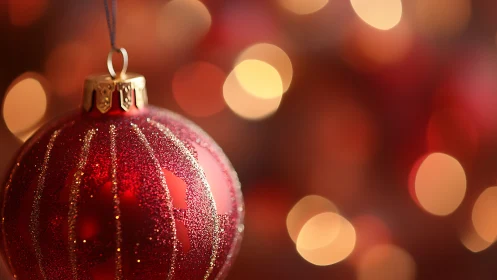 Crimson Christmas bauble glows amid dreamy golden bokeh haze.