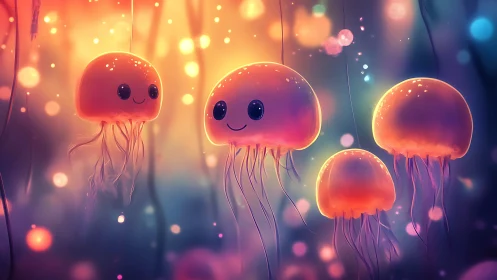 Cute glowing jellyfish drift through dreamy neon water