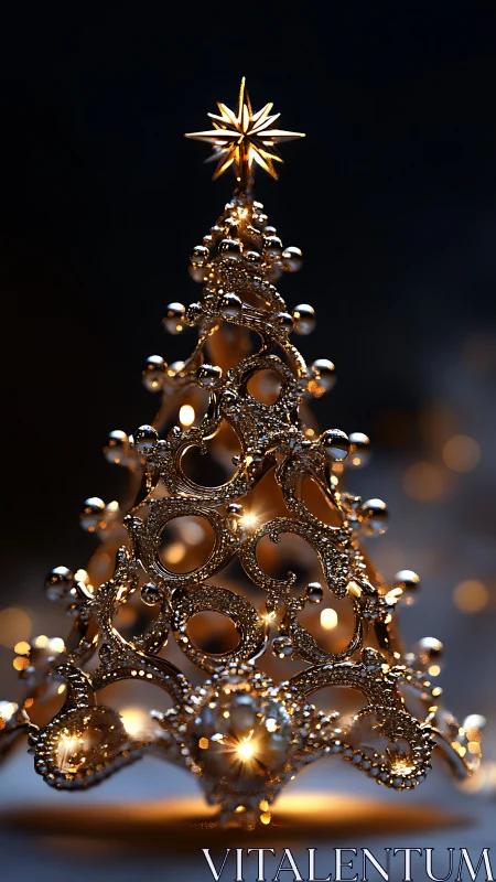 Ornate golden Christmas tree sculpture glows in soft bokeh light