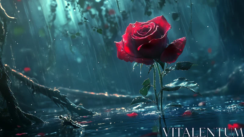 Midnight rain-kissed crimson rose in an enchanted forest.