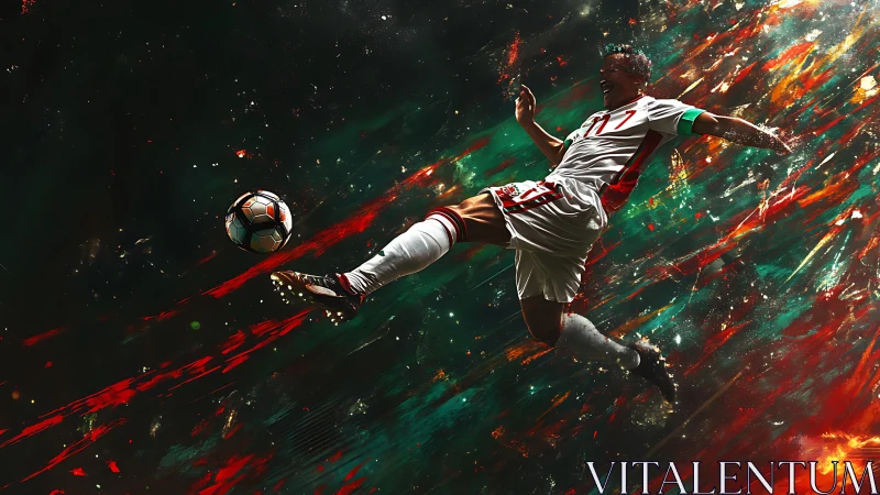 Dynamic soccer striker launches explosive midair volley shot.