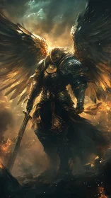 Armored celestial warrior stands amid smoldering stormfire