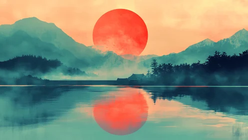 Radiant red sun sinks behind misty mountains and lake