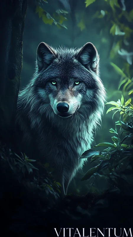 Solitary gray wolf standing in dense, dim forest foliage.
