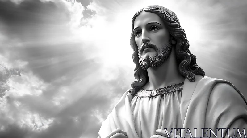 Monochrome digital rendering depicts robed bearded figure