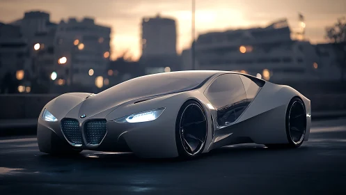 Futuristic BMW sports car render is parked on urban street