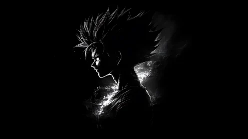 Monochrome anime warrior silhouette with glowing aura.
