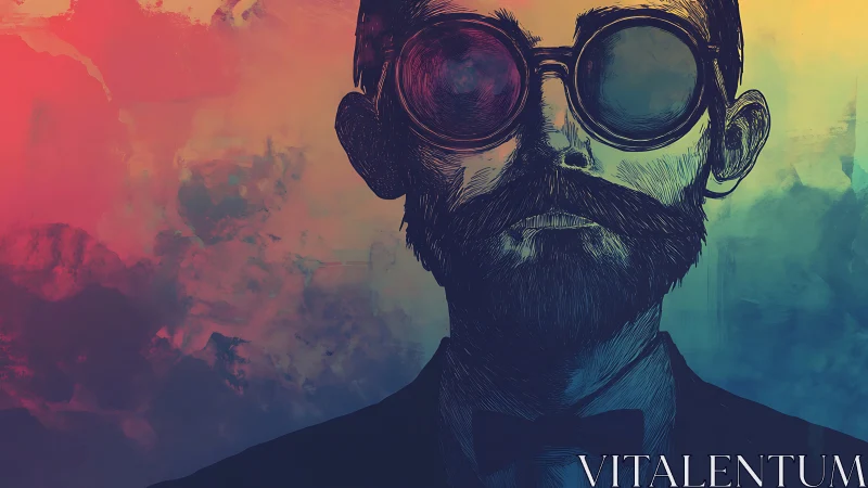 Spectral portrait of bearded man in goggles with dual-color lighting