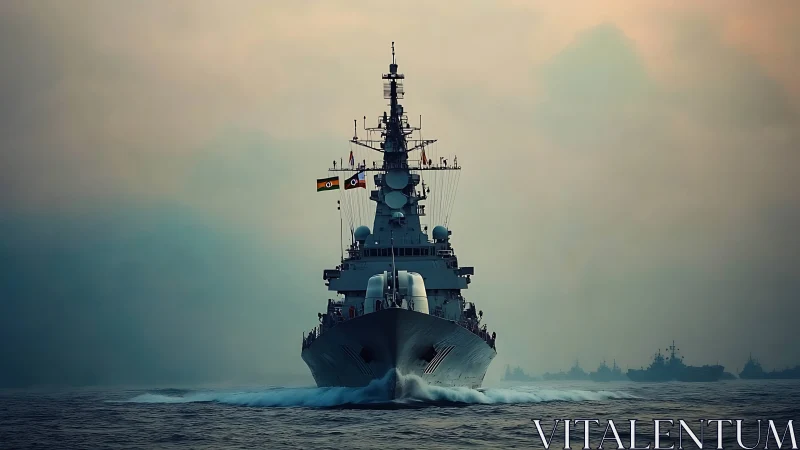 Steel prow carves misty dawn while distant warships wait
