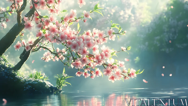 Cherry blossom bough over water rendered in soft digital light
