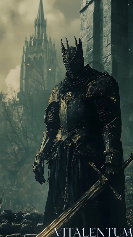 Dark armored warlord stands before a ruined gothic citadel.
