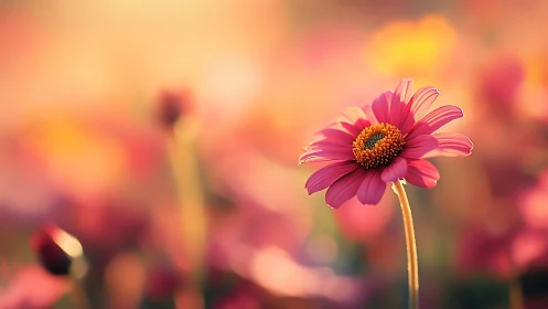 Gerbera daisy with pink petals in soft focus garden setting.