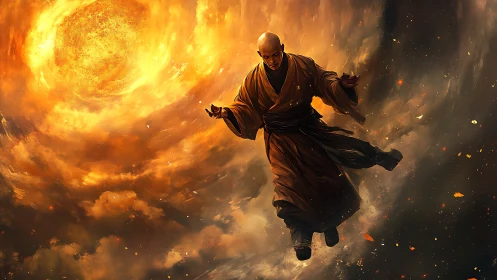 Solar vortex engulfs levitating monk in dynamic digital chiaroscuro