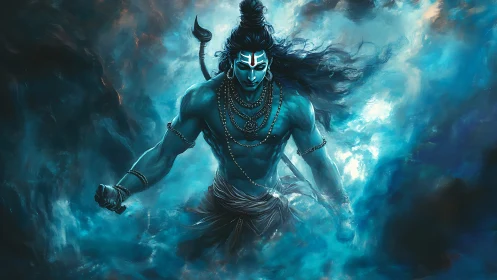 Digital painting of dynamic blue deity amid swirling mist.